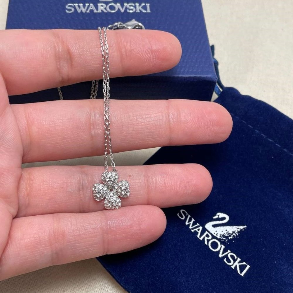 Authentic SWAROVSKI Necklace Clover Pendant Pave Crystals Rhodium Plated